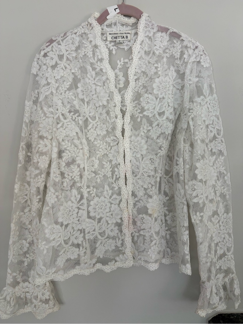 Vintage Chatter B White Floral Lace Sheer Long-Sleeve Blouse
